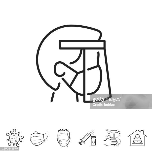 person with medical mask and face shield. line icon - editable stroke - protective workwear stock illustrations