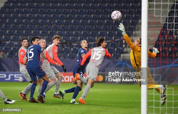 Mario Hermoso of Atletico de Madrid scores their team's first goal during the UEFA Champions League Group A stage match between RB Salzburg and...