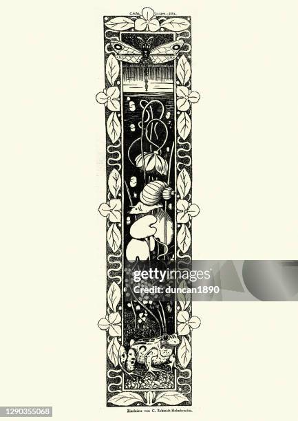 frog, snail and dragonfly design, art nouveau, jugendstil - bookmark stock illustrations