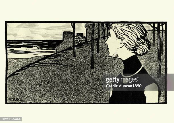 portrait of a woman looking mournful out to sea, art nouveau, jugendstil - young woman portrait stock illustrations