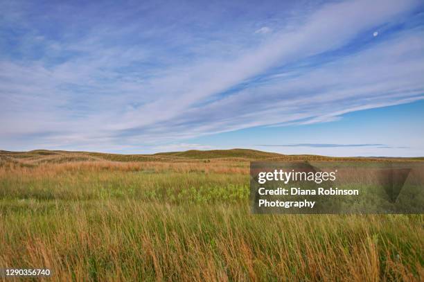 clouds and moon over nebraska sandhills north of thedford, nebraska in the early morning hours - grandes planícies imagens e fotografias de stock