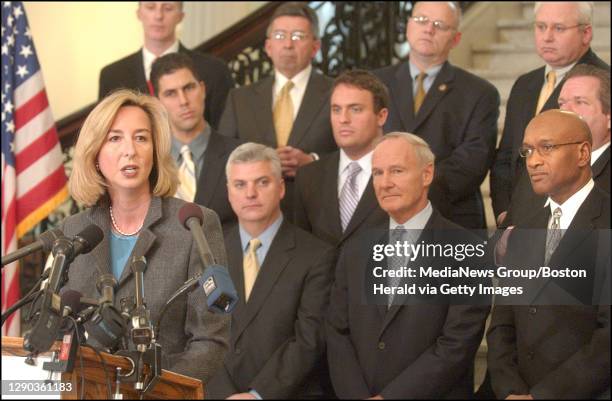 - State House press conference dealing with the passage of legislation protecting witnesses from intimidation and lessening gang violence. Lt....