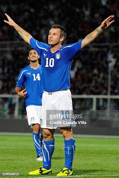Antonio Cassano of Italy celebrates after scoring the opening goal of the UEFA EURO 2012 group C qualifying match between Italy and Northern Ireland...