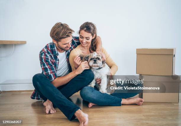 young couple with dog sitting on the floor at their new home. - first apartment stock pictures, royalty-free photos & images