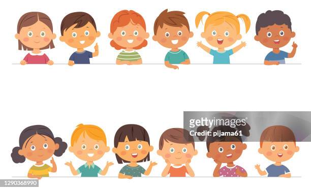 cute boys and girls collection. multi-ethnic group of happy children. different cartoon faces icons - 6 7 years stock illustrations