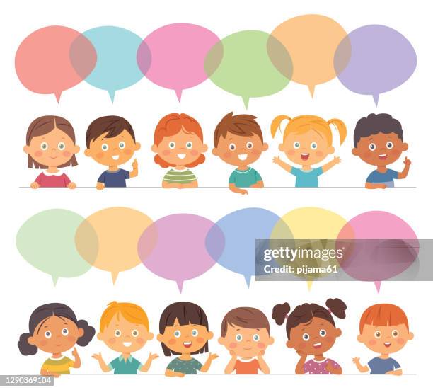 group of cartoon children talking - asian student stock illustrations