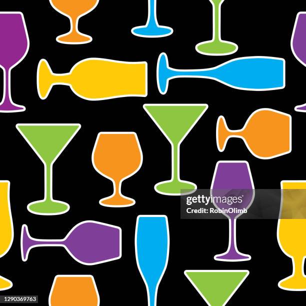 white outline cocktail glasses seamless pattern - martini glass black background stock illustrations
