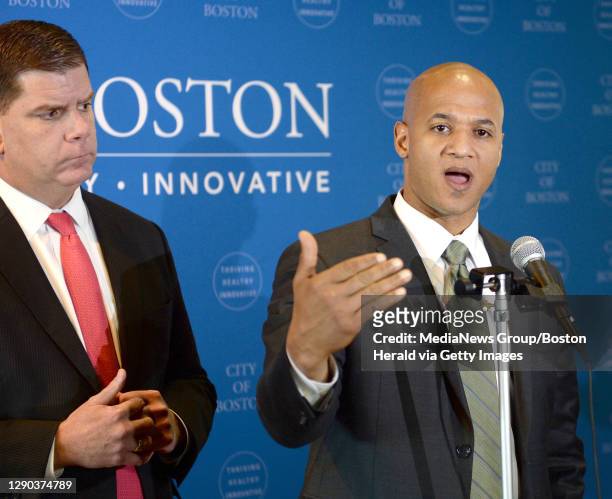 To R: Mayor Marty Walsh and Chief of Economic Development John Barros at a City Hall media avail on General Electric headquarters moving to Boston...