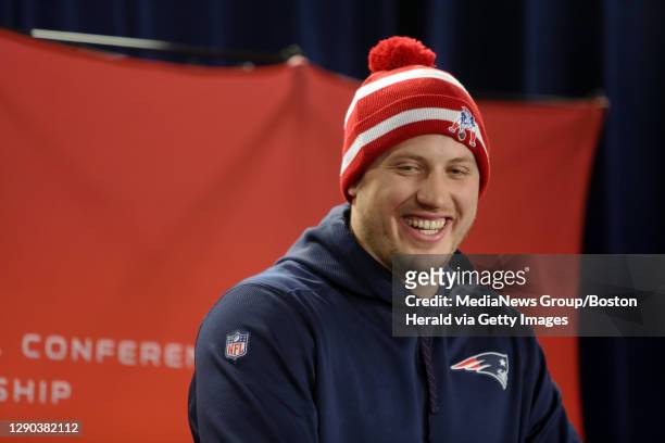 Tackle Nate Solder talks with reporters before Patriots practice at Gillette Stadium on Thursday, January 15, 2015. Staff photo by John Wilcox.