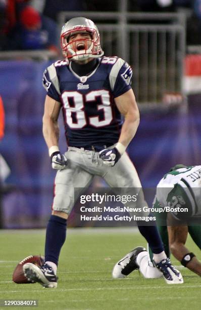 Foxboro, MA)New England Patriots wide receiver Wes Welker celebrates a first down in the 4th quarter.The New England Patriots take on the New York...