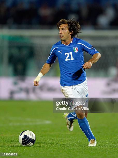 Andrea Pirlo of Italy in action during the EURO 2012 Qualifier match between Italy and Northern Ireland at Adriatico Stadium on October 11, 2011 in...