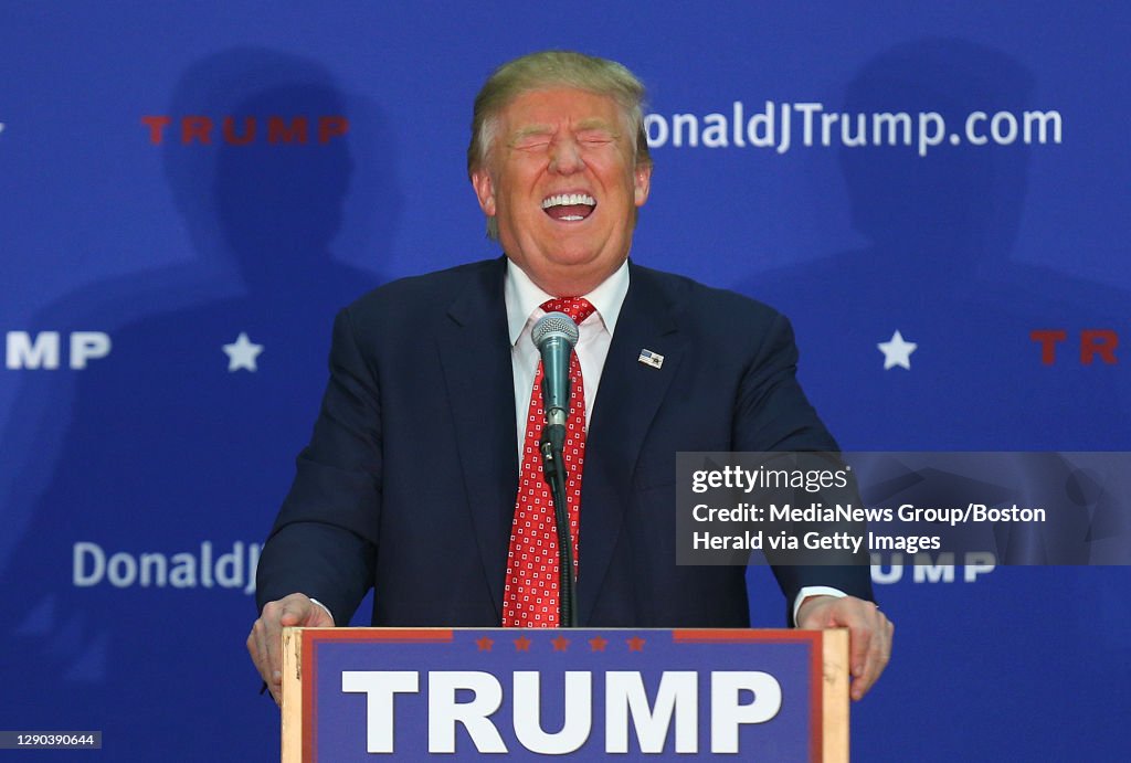 (011816 Concord, NH) Republican candidate for President Donald Trump laughs as someone in the crowd makes a joke about Hillary Clinton as he speaks at an event in Concord, NH on Monday, January 18, 2016. Staff Photo by Nancy Lane