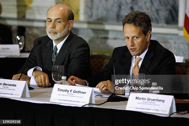 Treasury Secretary Timothy Geithner speaks during an open meeting of the Financial Stability Oversight Council with Federal Reserve Board Chairman...