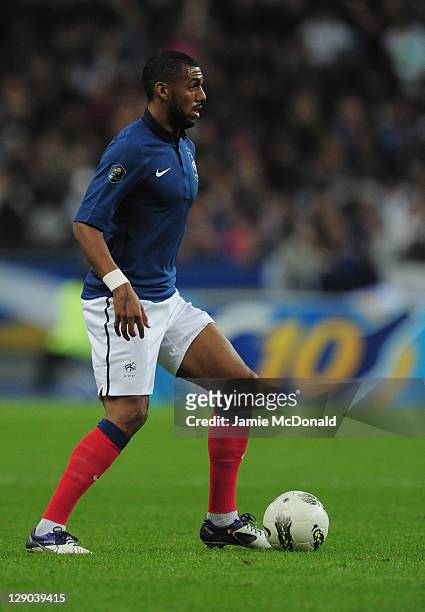 Yann M'Vila of France in action during the EURO 2012 Qualifier between France and Bosnia & Herzegovina at the Stade de France on October 11, 2011 in...
