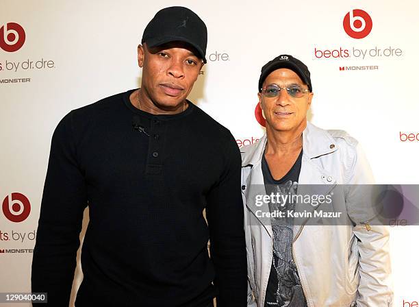 Dr. Dre and Jimmy Iovine attend the unveiling of Beats By Dr. Dre 2011 holiday product line-up at CLVT on October 11, 2011 in New York City.