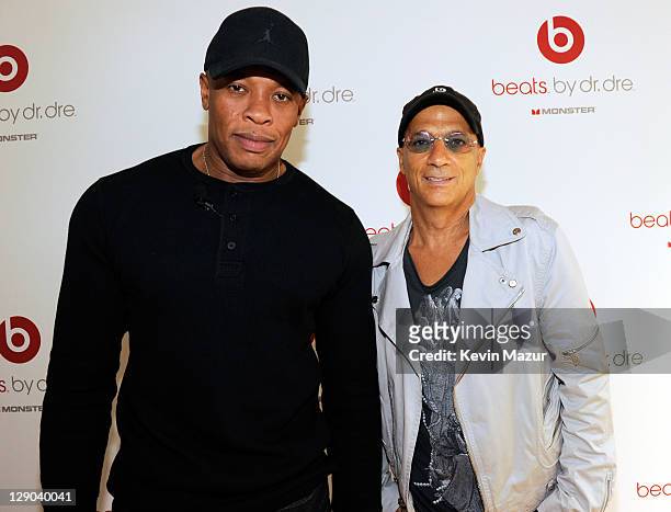 Dr. Dre and Jimmy Iovine attend the unveiling of Beats By Dr. Dre 2011 holiday product line-up at CLVT on October 11, 2011 in New York City.