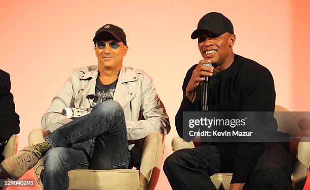 Jimmy Iovine and Dr. Dre attend the unveiling of Beats By Dr. Dre 2011 holiday product line-up at CLVT on October 11, 2011 in New York City.