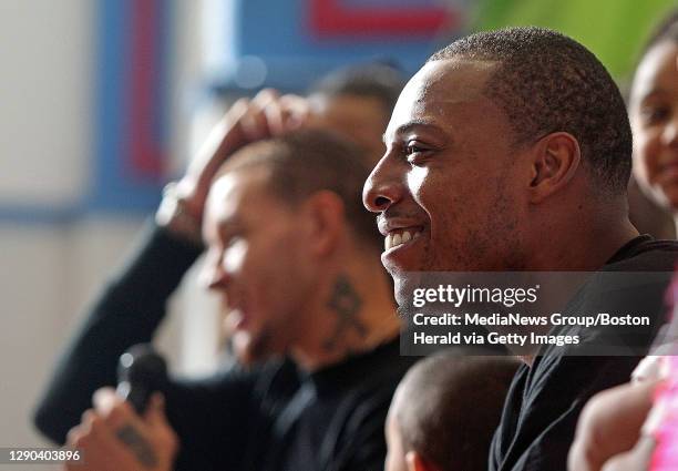 Boston, MA)The Boston Celtics' Paul Pierce and Delonte West answers questions after performing in a skit about the Three Little Pigs at the John...