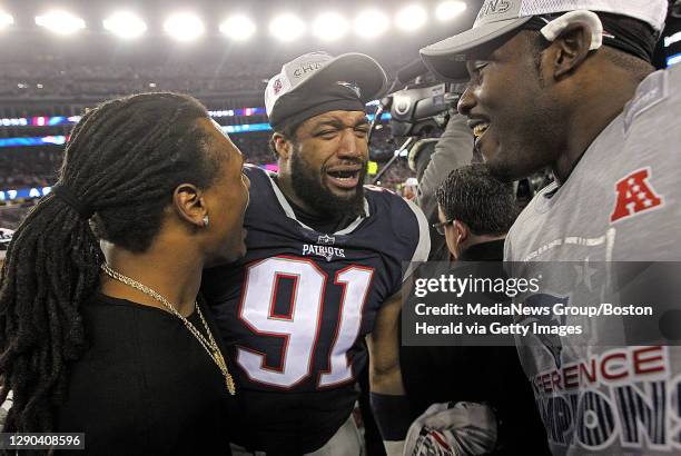New England Patriots defensive tackle Deatrich Wise cries after winning the AFC Championship game against the Jacksonville Jaguars at Gillette...