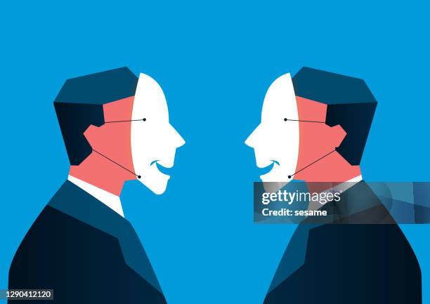 stockillustraties, clipart, cartoons en iconen met zelfs een zakenman die een masker draagt van gezicht aan gezicht - fake man