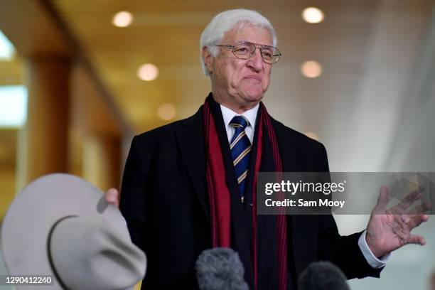 Member for Kennedy Bob Katter during a press conference in the Mural Hall at Parliament House on December 10, 2020 in Canberra, Australia. The...