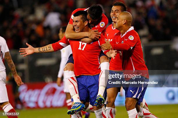 Gary Medel , from Chile, celebrates his goal aganist Peru, during the match between Chile and Peru as part of the first round of the South American...