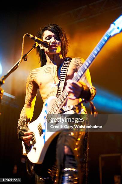 Ashley Purdy of Black Veil Brides performs on stage at Manchester Academy on October 11, 2011 in Manchester, United Kingdom.