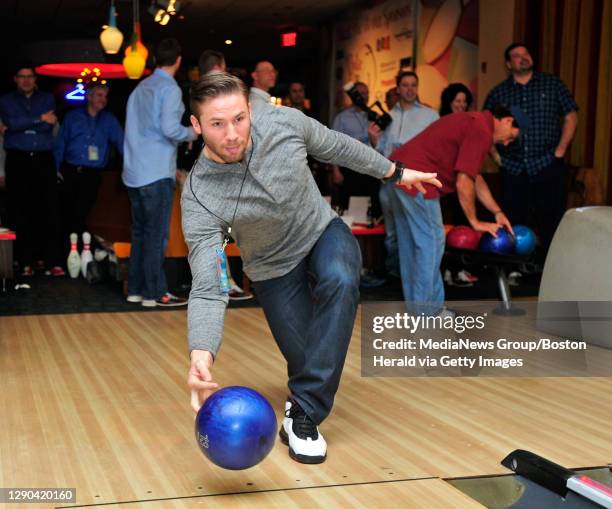 New England Patriots' Julian Edelman bowls during the 10th annual Flutie Bowl at King's in Dedham on Monday, January 28, 2013. Staff photo by...