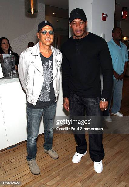 Jimmy Iovine and Dr. Dre attend the Beats by Dre Holiday 2011 product line up unveiling at CLVT on October 11, 2011 in New York City.