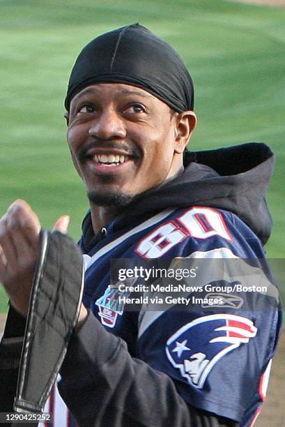 The New England Patriots media availability at their team hotel. New England Patriots wide receiver Troy Brown smiles as he enters the press...