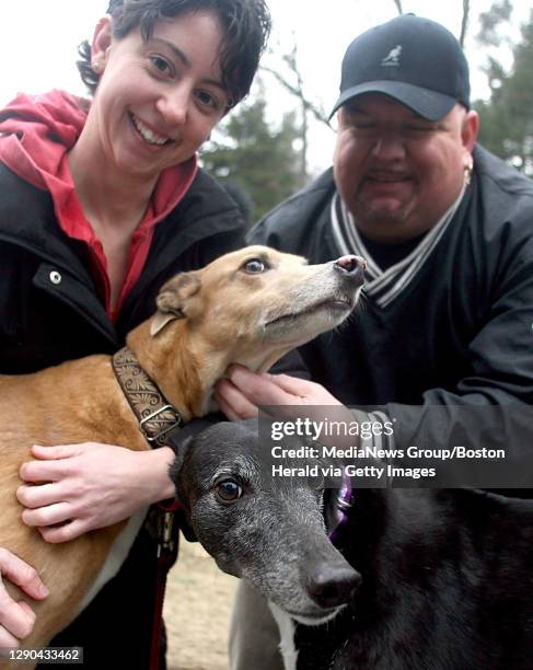 Carol Snaith of Salem with her greyhound Allie found greyhound Wonder in the nearby woods and returned her to grateful owners Kelly and Greg Swartz....