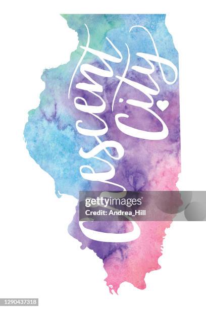 crescent city, illinois raster watercolor map illustration - crescent city california stock illustrations