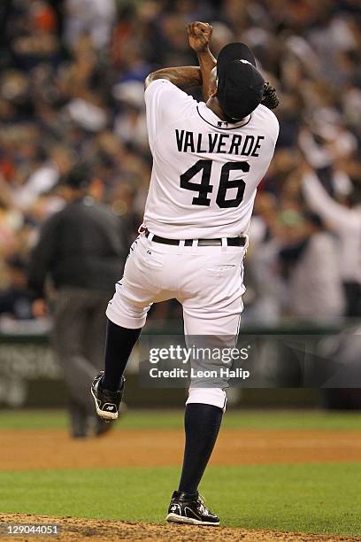 Jose Valverde of the Detroit Tigers reacts after the final out of Game Three of the American League Championship Series against the Texas Rangers at...