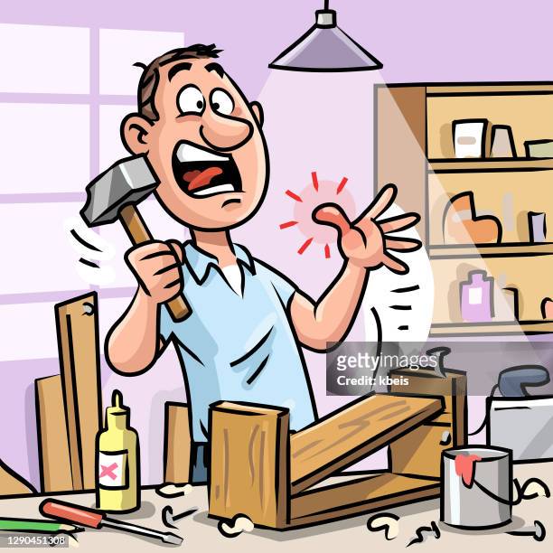 man in workshop hitting his finger with a hammer - 30 year old portrait in house stock illustrations