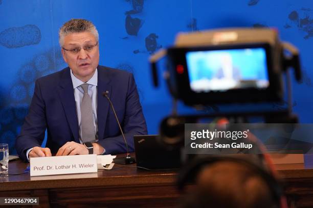 Lothar Wieler, President of the Robert Koch Institute, Germany's main agency for fighting infectious diseases, speaks to the media during the second...