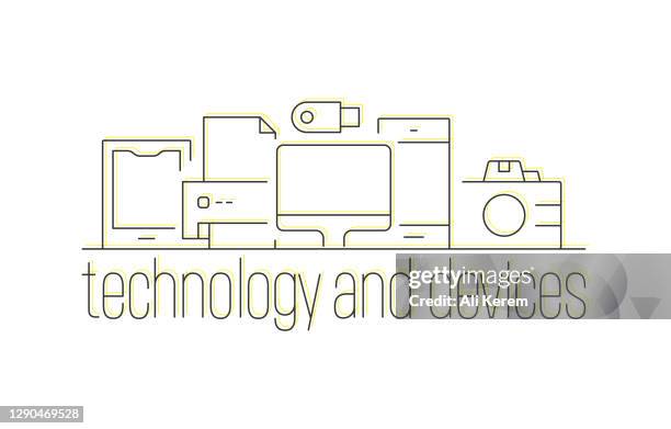 technology and devices line icon design - factory worker tablet stock illustrations