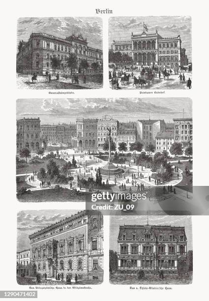 historical views of berlin, germany, wood engravings, published in 1893 - potsdamer platz stock illustrations