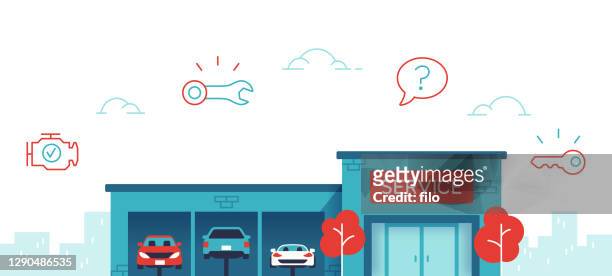 ilustrações de stock, clip art, desenhos animados e ícones de car service repair shop dealership - oficina