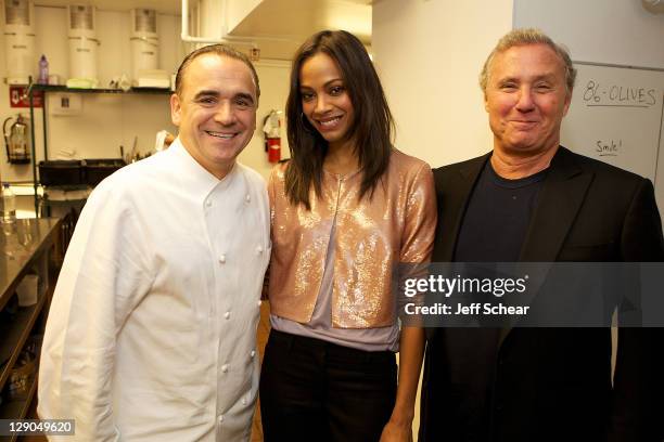 Jean-Gerges Vongerochten, Zoe Saldana and Ian Schrager attend the premiere of Ian Schrager's new hotel, PUBLIC Chicago on October 11, 2011 in...