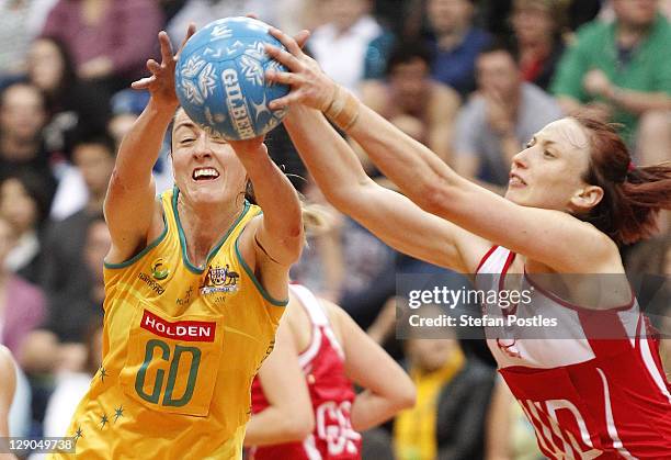 Bec Bully of Australia and Jade Clarke of England contest possession during game two of the International Test series between the Australian Diamonds...