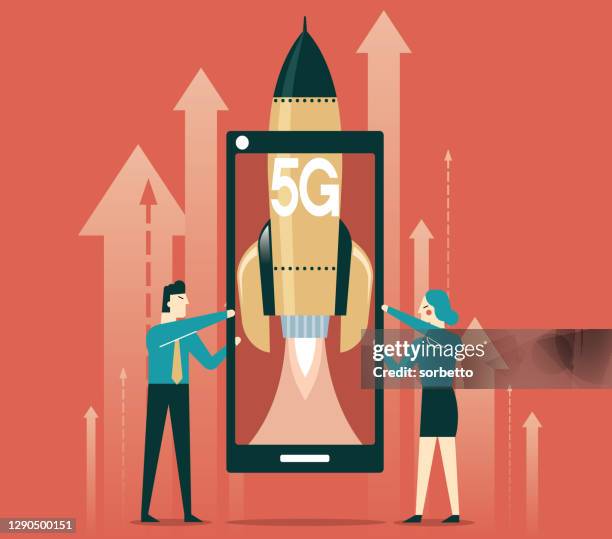 5g - smartphone with rocket - data quality abstract stock illustrations