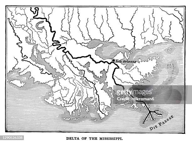 old engraved illustration of delta of the mississippi river - mississippi delta 個照片及圖片檔