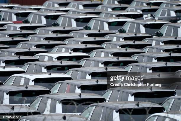 Land Rover motor cars wait for export on the dockside at The Port of Liverpool on December 10, 2020 in Liverpool, United Kingdom. Carriers are...