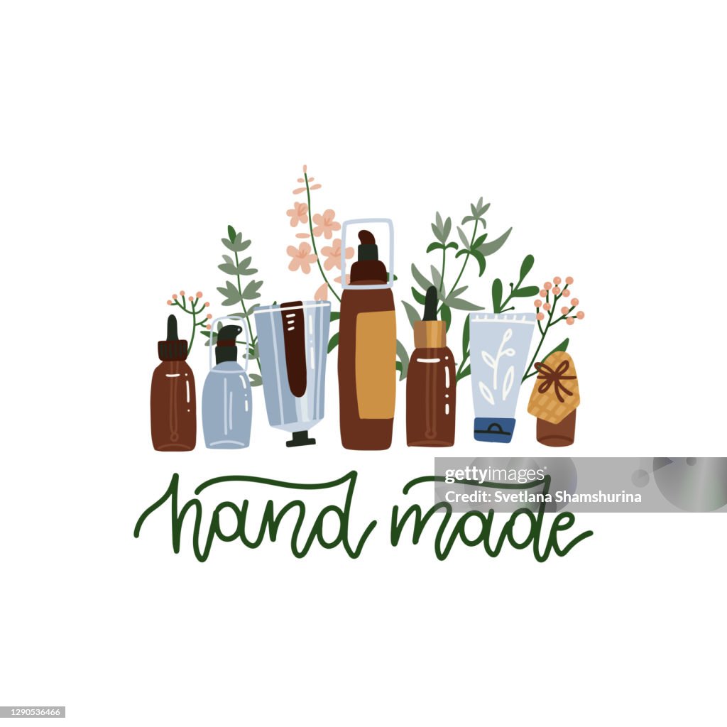 Lotion Lettering Natural Organic Cosmetics Standing On White Background Bottles Jars ...