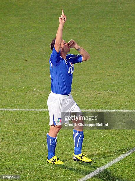 Antonio Cassano of Italy celebrates after scoring the second goal during the EURO 2012 Qualifier match between Italy and Northern Ireland at...