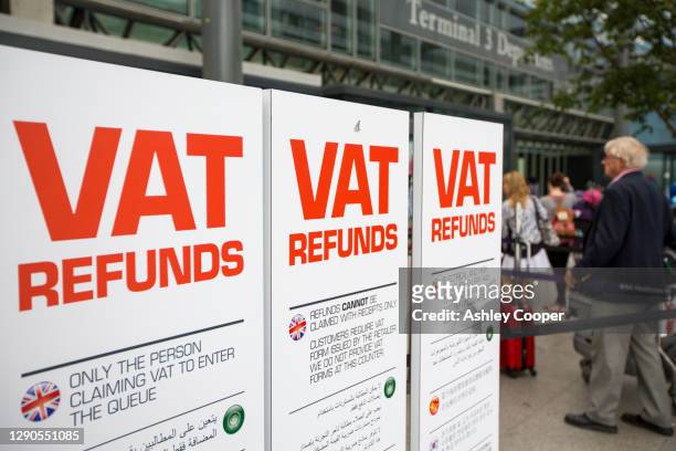 a vat refund centre at heathrow airport, london, uk, for foreign tourists to clain back the vat they have paid on purchased goods. - vat stock pictures, royalty-free photos & images