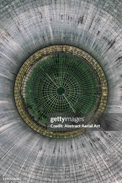 aerial shot looking down an abandoned smoke stack at willington power station, derbyshire, england, united kingdom - coal fired power station 個照片及圖片檔