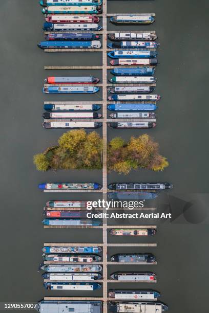 narrow boats moored in mercia marina seen from above, derbyshire, england, united kingdom - derbyshire stock pictures, royalty-free photos & images