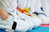 Kids training on karate-do. Banner with space for text. For web pages or advertising printing