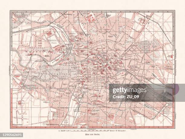 historical city map of berlin, germany, lithograph, published in 1893 - berlin map stock illustrations